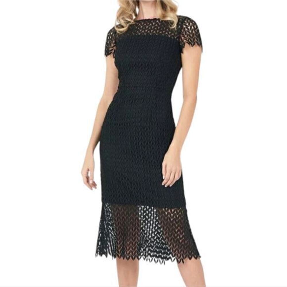 Kay Unger Tatum Black Lace Bodycon Midi Party Cocktail Dress Size 0 New!